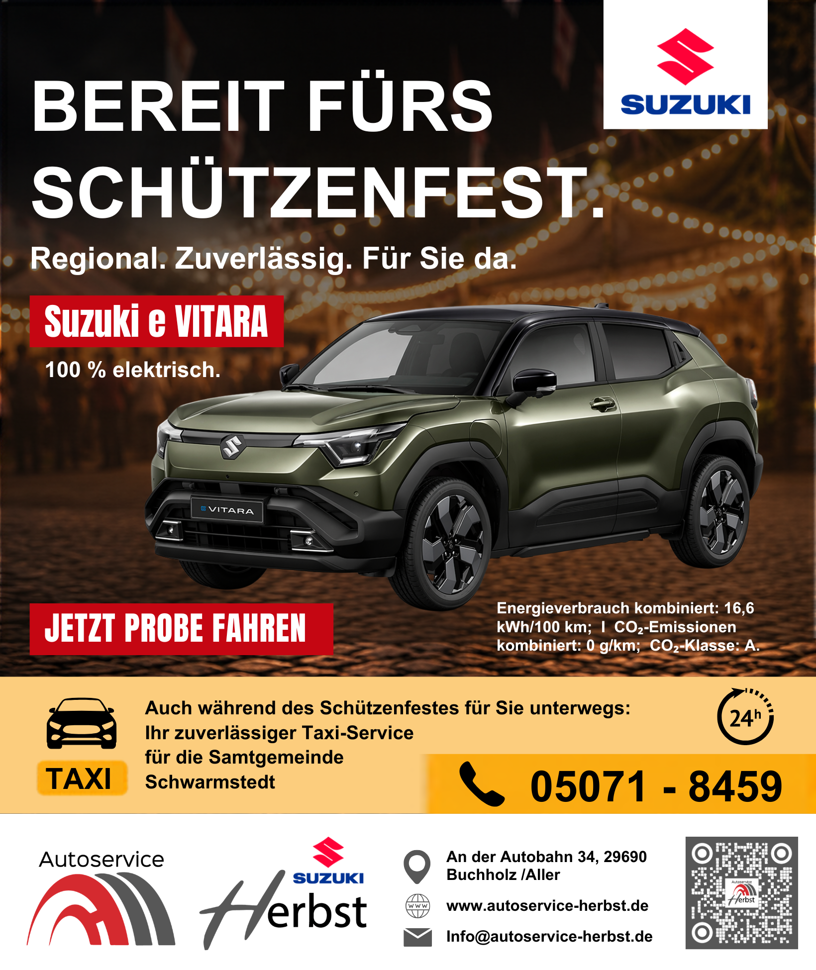 Werbeanzeige von Autoservice Herbst zum Schützenfest in Essel: Weißer Suzuki e VITARA vor festlicher Abendkulisse mit Lichterketten. Große Überschrift ‚Bereit fürs Schützenfest‘. Hinweis auf Elektroantrieb und Taxi-Service in Schwarmstedt. Logos, Kontaktdaten und QR-Code im unteren Bereich.